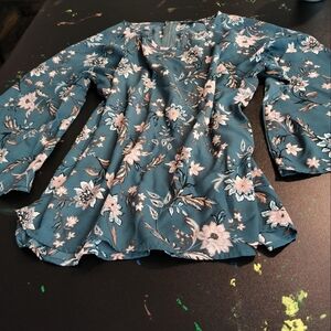 Papermoon Teal blue floral blouse/shirt 3/4 Flare sleeves-zipper back sz small